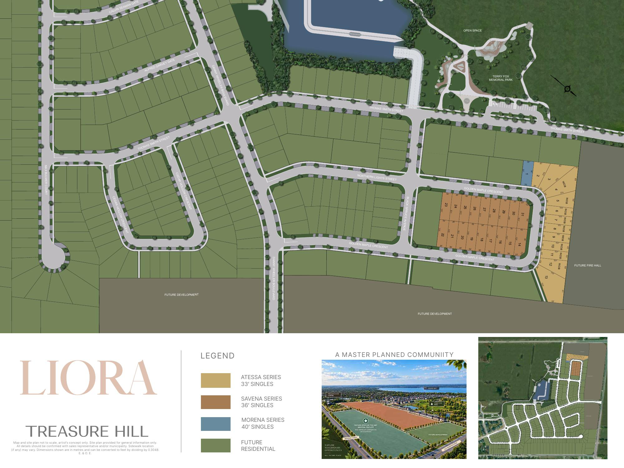 LIORA first-release site map showing Atessa 33 ft, Savena 36 ft and Morena 40 ft lots, with future residential areas